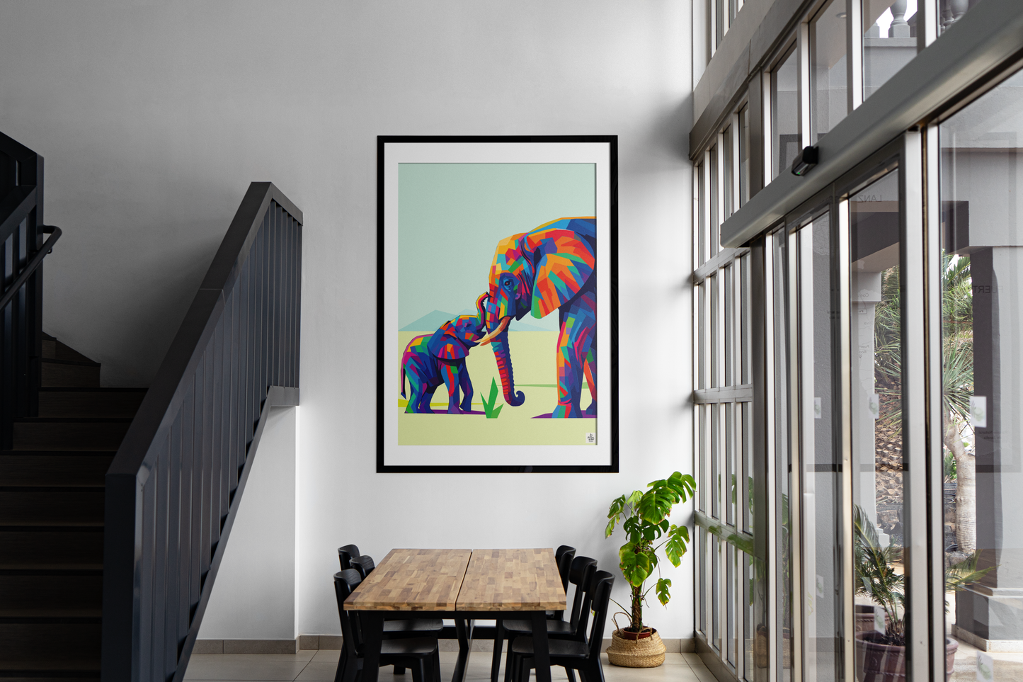 Colorful Elephant Bond – Modern Wildlife Digital Art Print