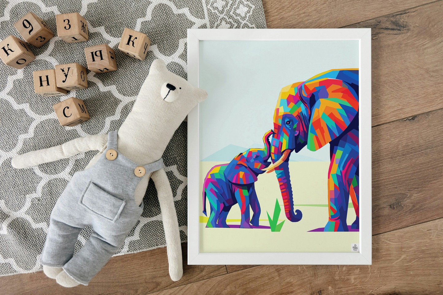 Colorful Elephant Bond – Modern Wildlife Digital Art Print