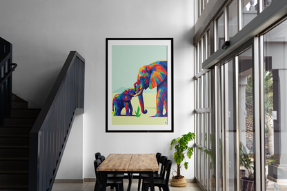 Colorful Elephant Bond – Modern Wildlife Digital Art Print
